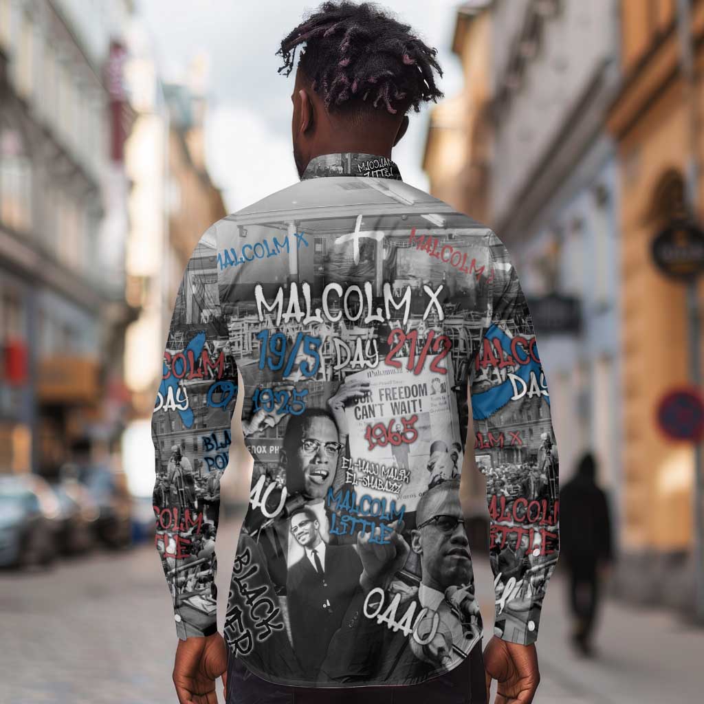 Afro Malcolm X Long Sleeve Button Shirt Quotes Dates and Black History Activist Theme - African Pride