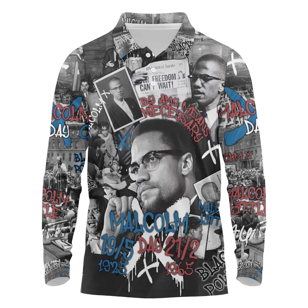 Afro Malcolm X Long Sleeve Polo Shirt Quotes Dates and Black History Activist Theme - African Pride