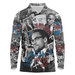 Afro Malcolm X Long Sleeve Polo Shirt Quotes Dates and Black History Activist Theme - African Pride
