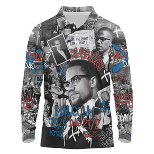 Afro Malcolm X Long Sleeve Polo Shirt Quotes Dates and Black History Activist Theme - African Pride