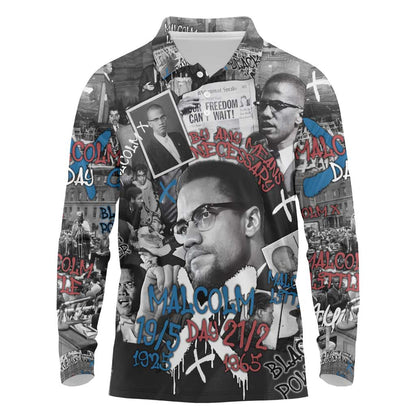 Afro Malcolm X Long Sleeve Polo Shirt Quotes Dates and Black History Activist Theme - African Pride