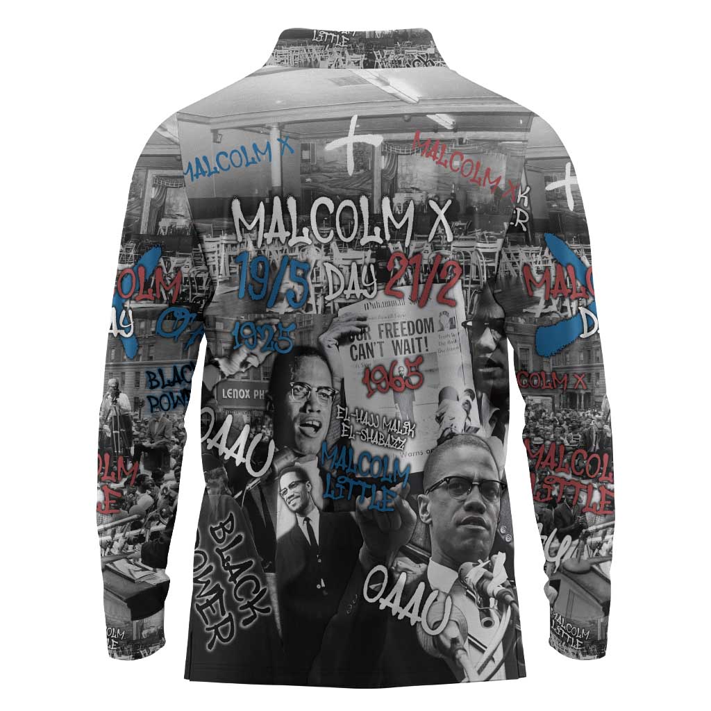 Afro Malcolm X Long Sleeve Polo Shirt Quotes Dates and Black History Activist Theme - African Pride
