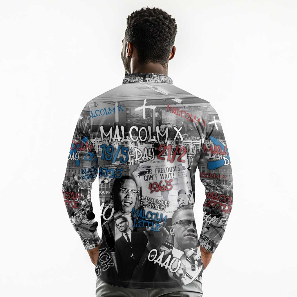 Afro Malcolm X Long Sleeve Polo Shirt Quotes Dates and Black History Activist Theme - African Pride