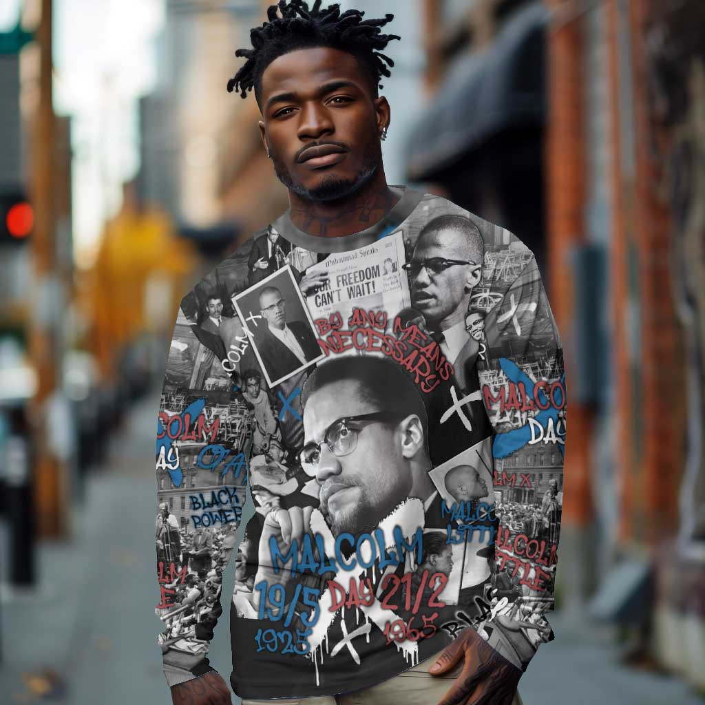 Afro Malcolm X Long Sleeve Shirt Quotes Dates and Black History Activist Theme - African Pride