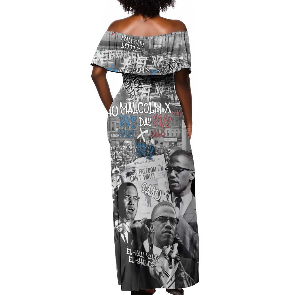 Afro Malcolm X Off Shoulder Maxi Dress Quotes Dates and Black History Activist Theme - African Pride