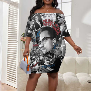 Afro Malcolm X Off Shoulder Short Dress Quotes Dates and Black History Activist Theme - African Pride
