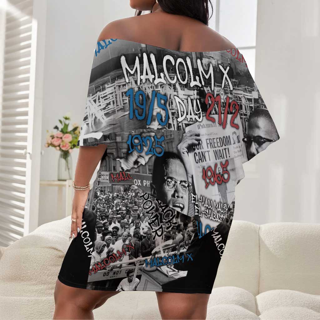 Afro Malcolm X Off Shoulder Short Dress Quotes Dates and Black History Activist Theme - African Pride