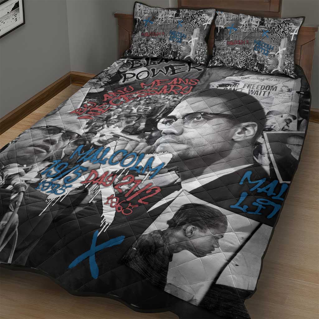 Afro Malcolm X Quilt Bed Set Quotes Dates and Black History Activist Theme - African Pride