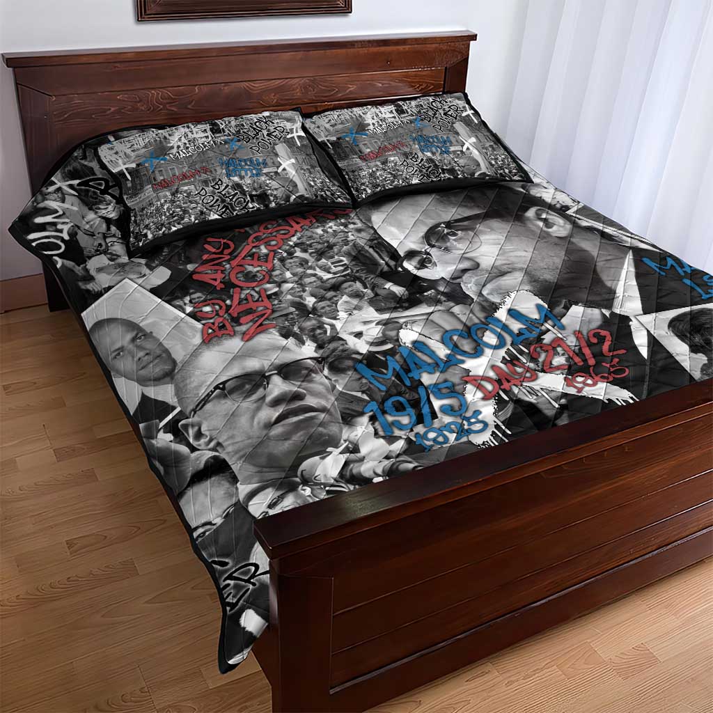 Afro Malcolm X Quilt Bed Set Quotes Dates and Black History Activist Theme - African Pride