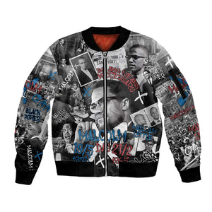 Afro Malcolm X Sleeve Zip Bomber Jacket Quotes Dates and Black History Activist Theme - African Pride