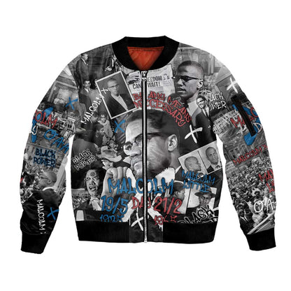 Afro Malcolm X Sleeve Zip Bomber Jacket Quotes Dates and Black History Activist Theme - African Pride