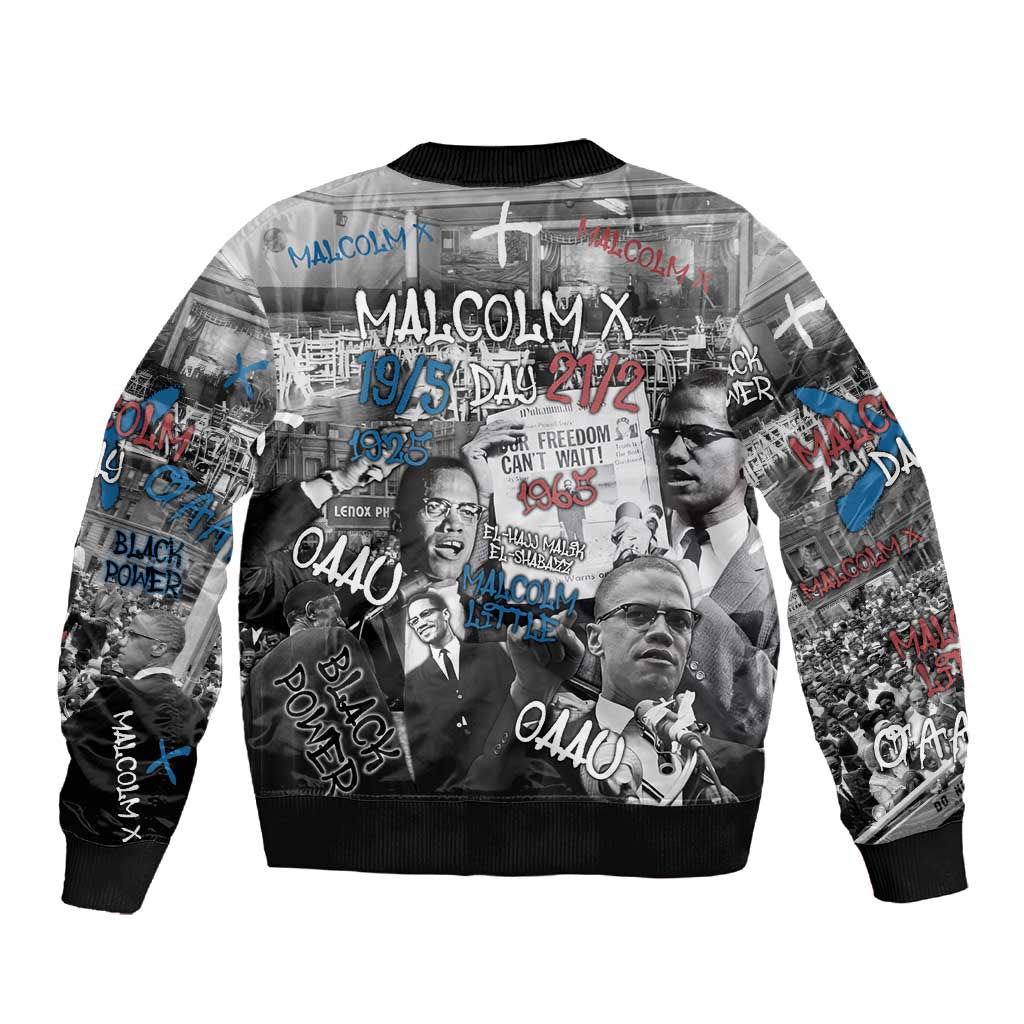 Afro Malcolm X Sleeve Zip Bomber Jacket Quotes Dates and Black History Activist Theme - African Pride