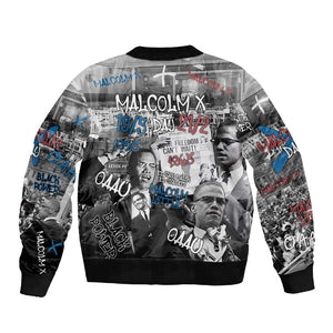 Afro Malcolm X Sleeve Zip Bomber Jacket Quotes Dates and Black History Activist Theme - African Pride