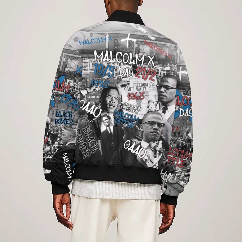 Afro Malcolm X Sleeve Zip Bomber Jacket Quotes Dates and Black History Activist Theme - African Pride