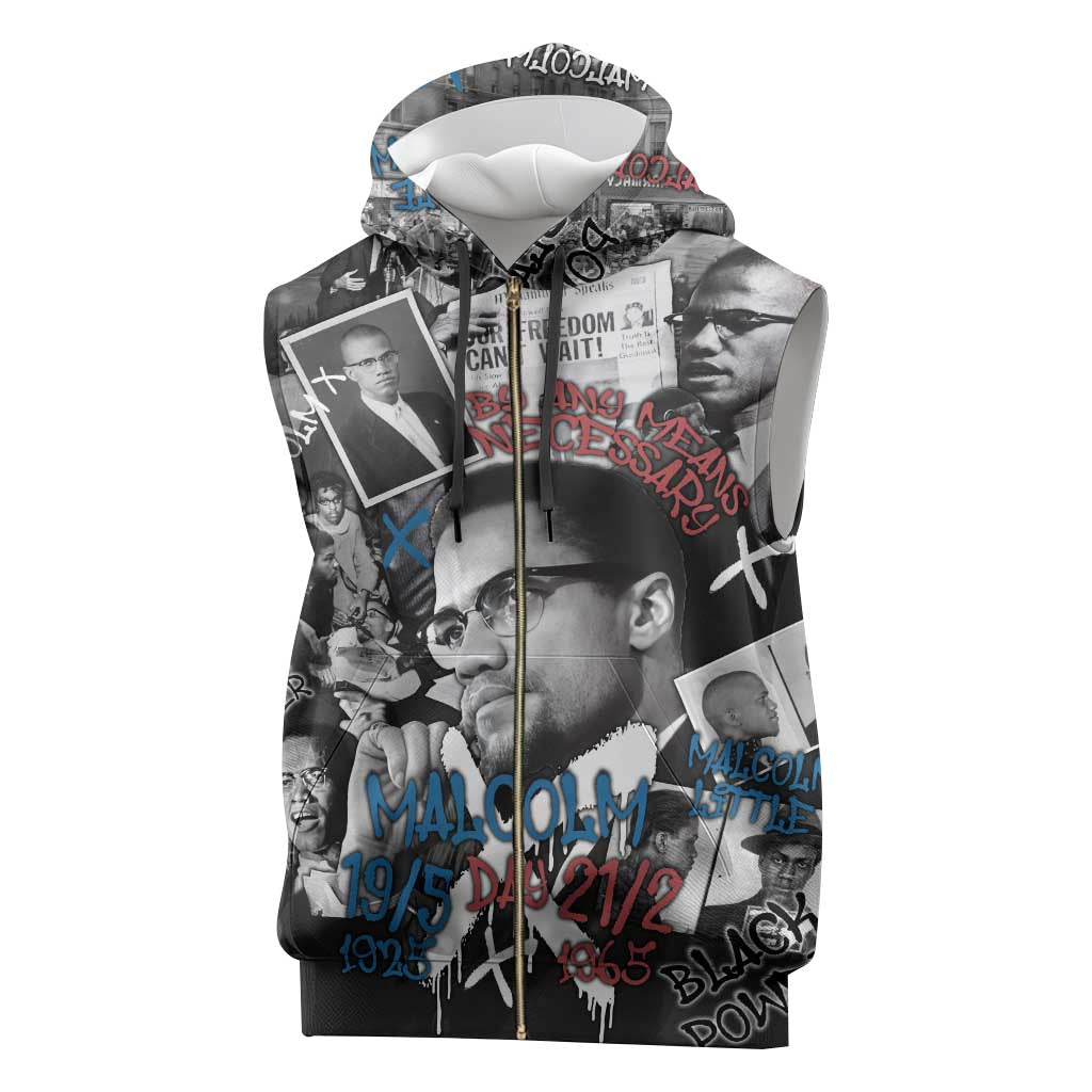 Afro Malcolm X Sleeveless Zip Hoodie Quotes Dates and Black History Activist Theme - African Pride