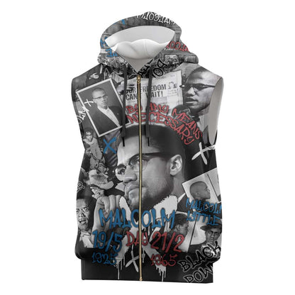 Afro Malcolm X Sleeveless Zip Hoodie Quotes Dates and Black History Activist Theme - African Pride