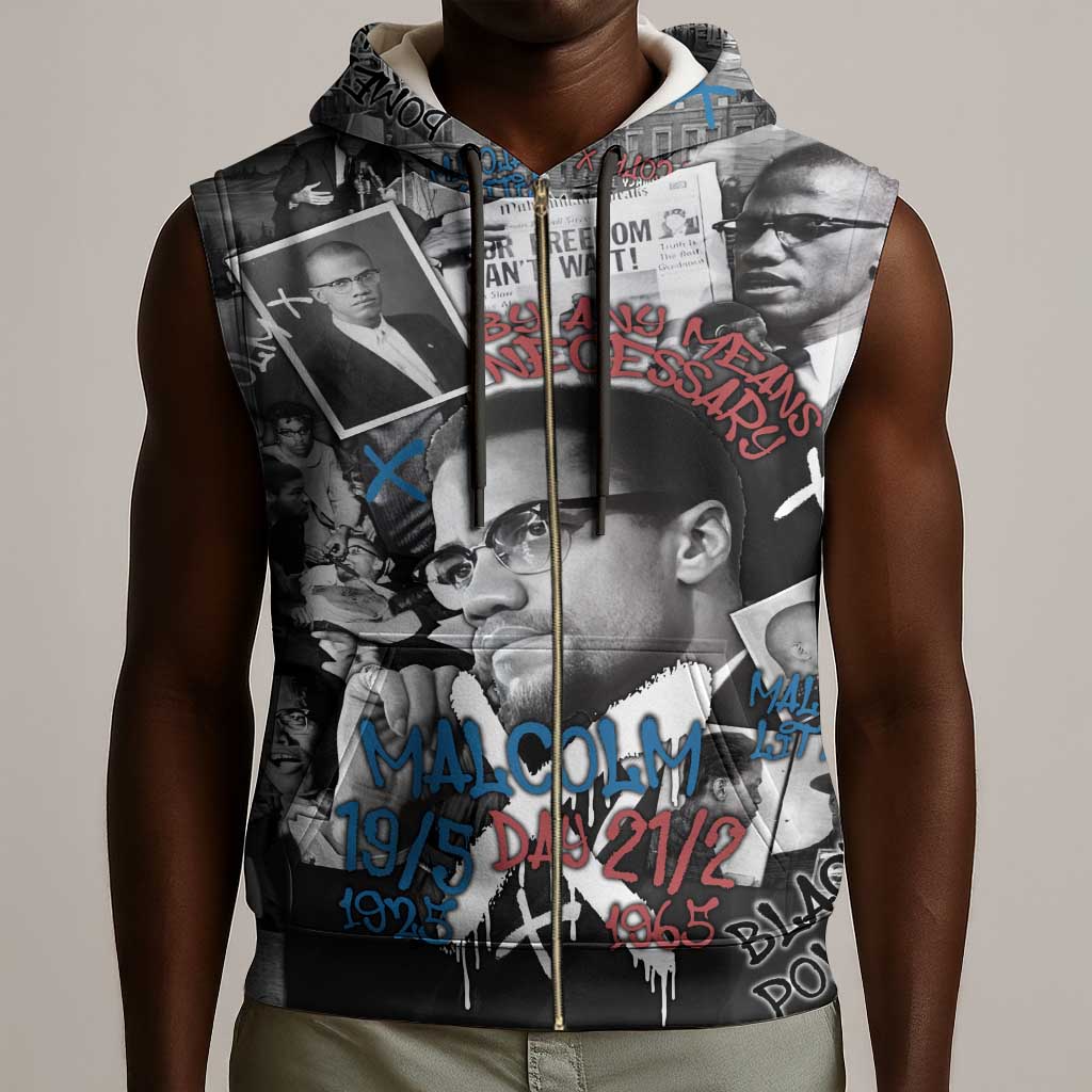 Afro Malcolm X Sleeveless Zip Hoodie Quotes Dates and Black History Activist Theme - African Pride