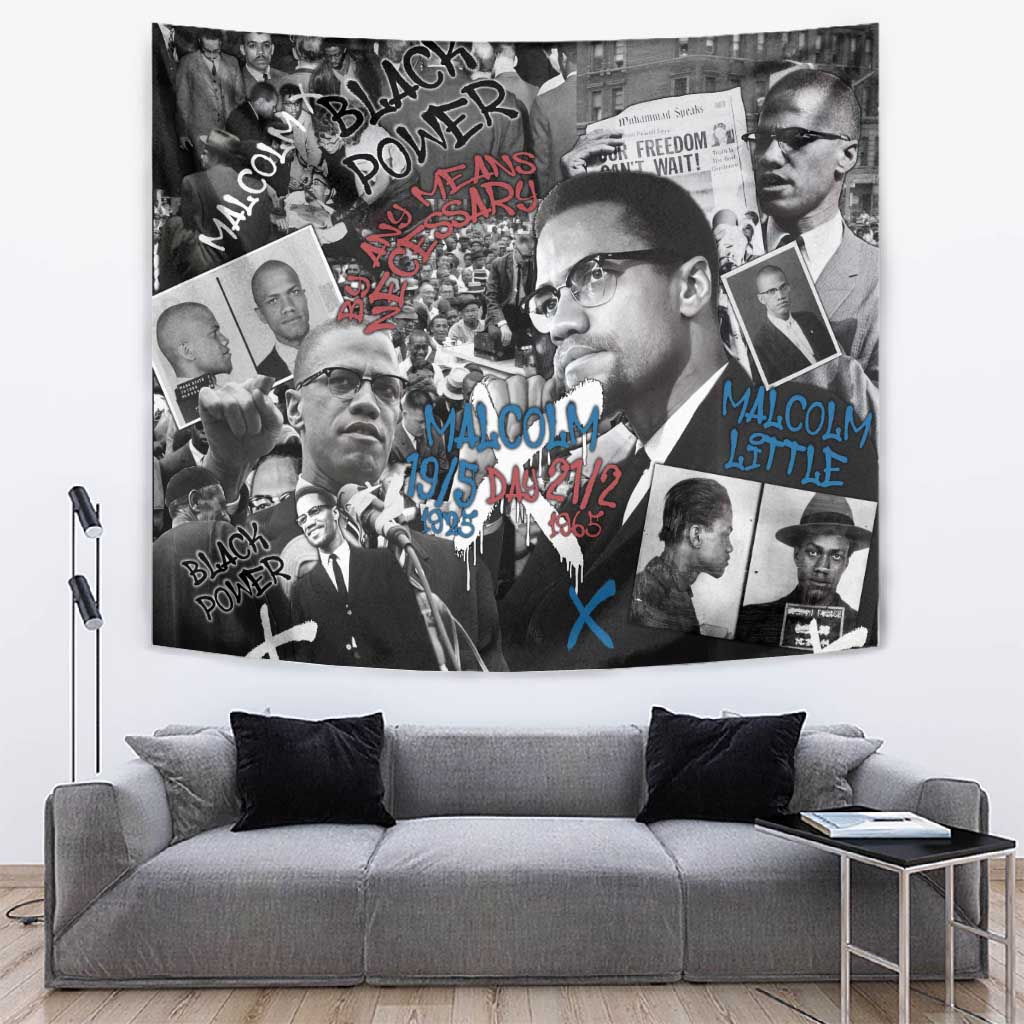 Afro Malcolm X Tapestry Quotes Dates and Black History Activist Theme - African Pride