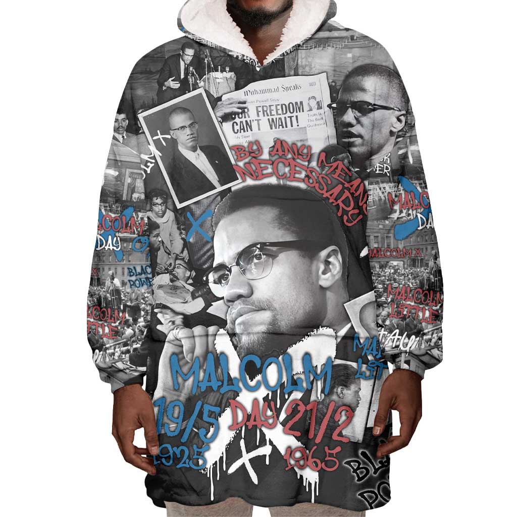Afro Malcolm X Wearable Blanket Hoodie Quotes Dates and Black History Activist Theme - African Pride
