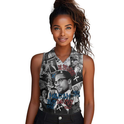 Afro Malcolm X Women Sleeveless Polo Shirt Quotes Dates and Black History Activist Theme - African Pride
