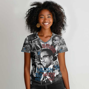 Afro Malcolm X Women V-Neck T-Shirt Quotes Dates and Black History Activist Theme - African Pride