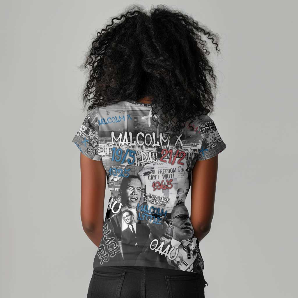 Afro Malcolm X Women V-Neck T-Shirt Quotes Dates and Black History Activist Theme - African Pride