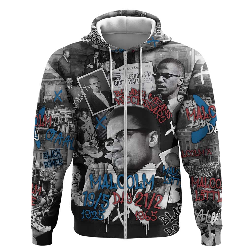 Afro Malcolm X Zip Hoodie Quotes Dates and Black History Activist Theme - African Pride