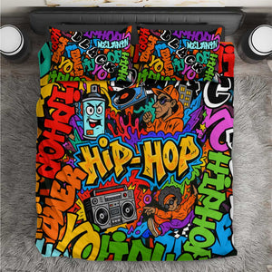 Hip Hop Graffiti African Bedding Set Black Melanin Text and Urban Street Art - African Pride