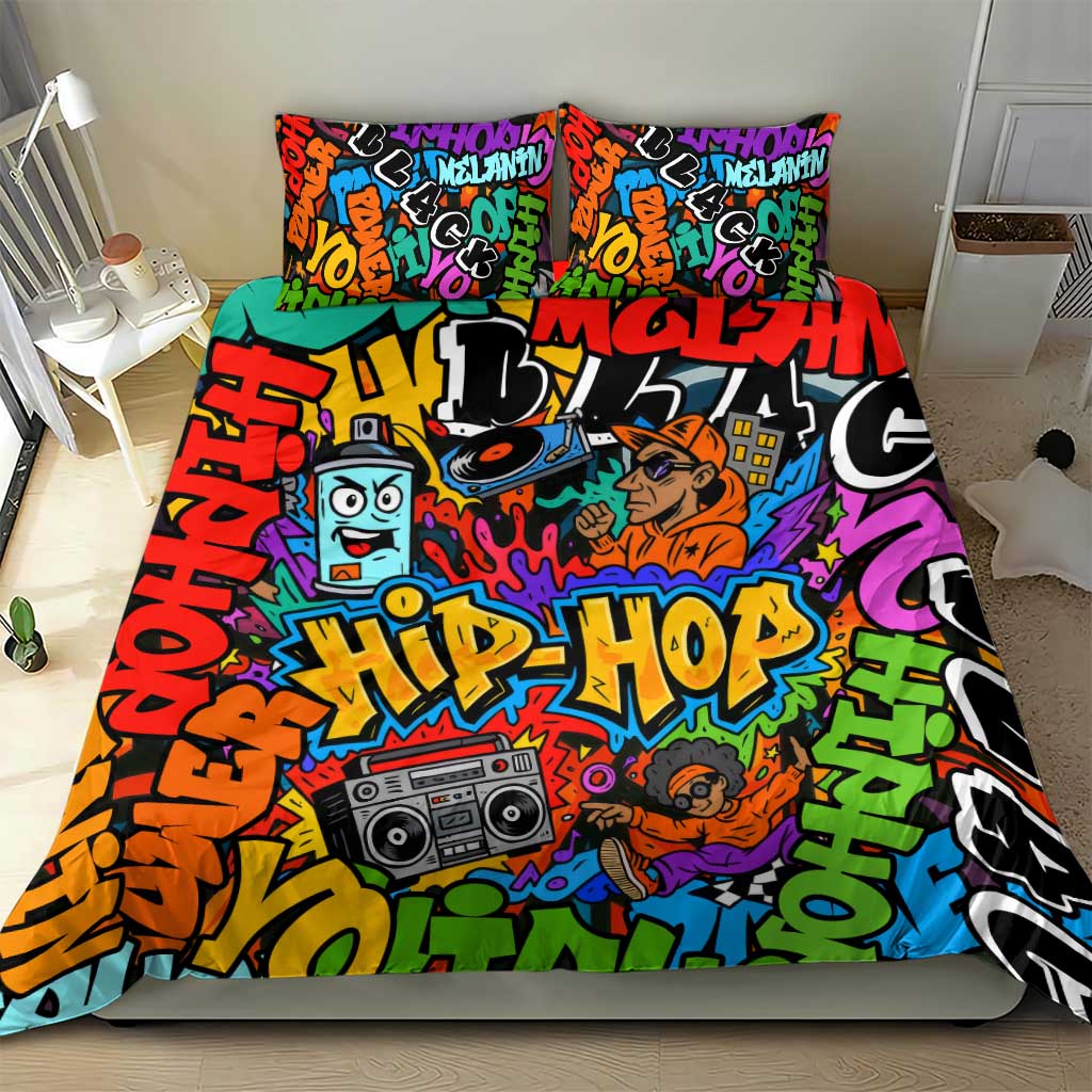 Hip Hop Graffiti African Bedding Set Black Melanin Text and Urban Street Art - African Pride
