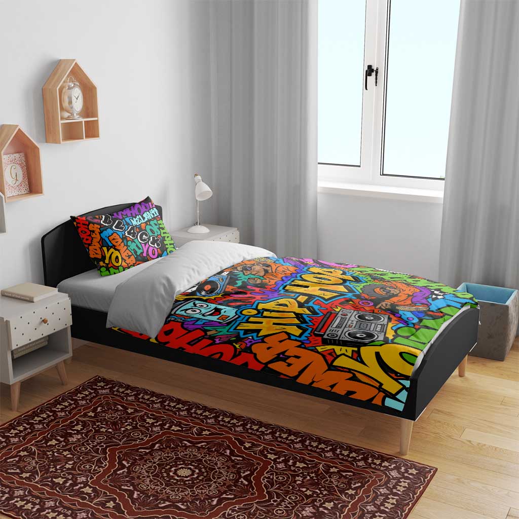 Hip Hop Graffiti African Bedding Set Black Melanin Text and Urban Street Art - African Pride
