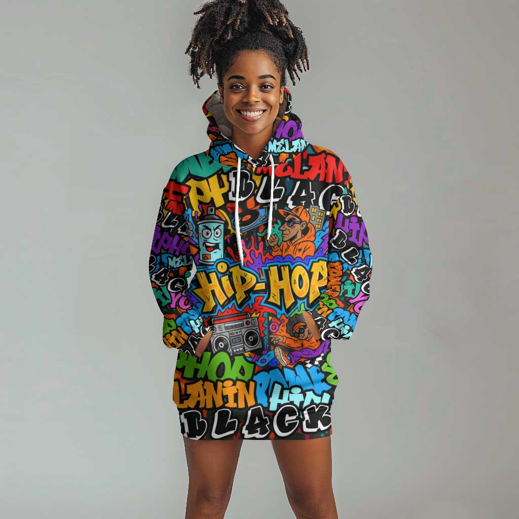 Hip Hop Graffiti African Hoodie Dress Black Melanin Text and Urban Street Art - African Pride