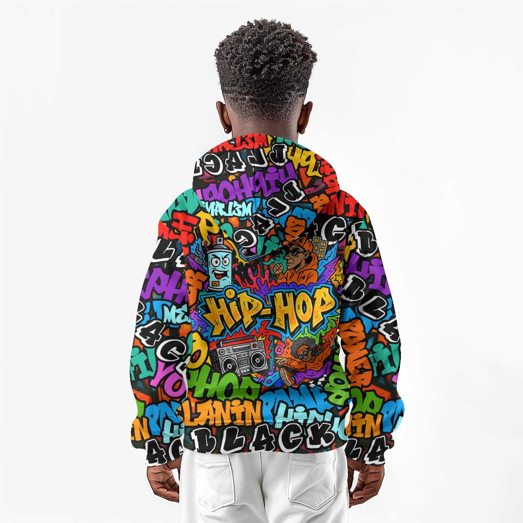 Hip Hop Graffiti African Kid Hoodie Black Melanin Text and Urban Street Art - African Pride