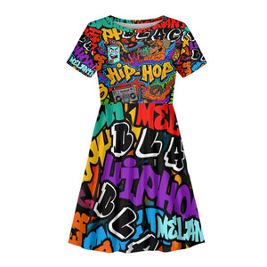 Hip Hop Graffiti African Kid Short Sleeve Dress Black Melanin Text and Urban Street Art - African Pride