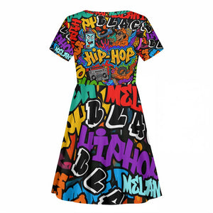 Hip Hop Graffiti African Kid Short Sleeve Dress Black Melanin Text and Urban Street Art - African Pride