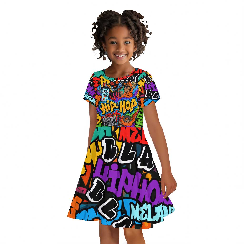 Hip Hop Graffiti African Kid Short Sleeve Dress Black Melanin Text and Urban Street Art - African Pride