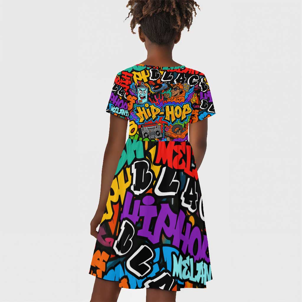 Hip Hop Graffiti African Kid Short Sleeve Dress Black Melanin Text and Urban Street Art - African Pride