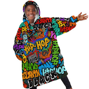 Hip Hop Graffiti African Kid Wearable Blanket Hoodie Black Melanin Text and Urban Street Art - African Pride