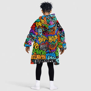 Hip Hop Graffiti African Kid Wearable Blanket Hoodie Black Melanin Text and Urban Street Art - African Pride