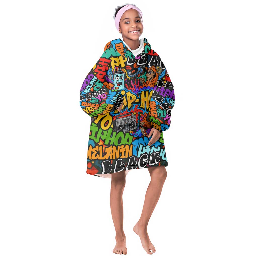 Hip Hop Graffiti African Kid Wearable Blanket Hoodie Black Melanin Text and Urban Street Art - African Pride