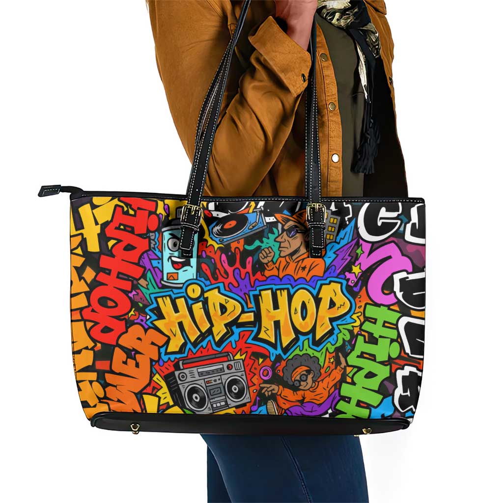 Hip Hop Graffiti African Leather Tote Bag Black Melanin Text and Urban Street Art - African Pride