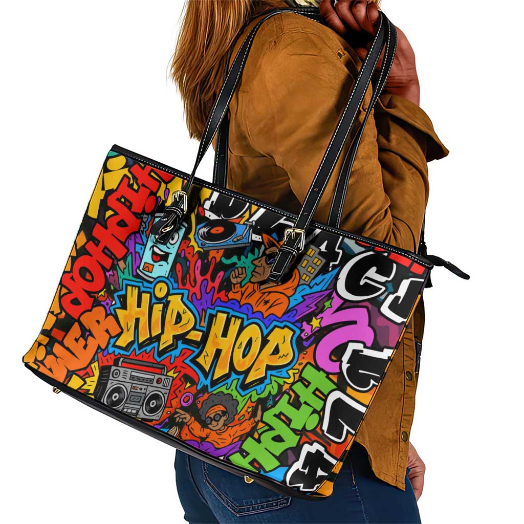 Hip Hop Graffiti African Leather Tote Bag Black Melanin Text and Urban Street Art - African Pride