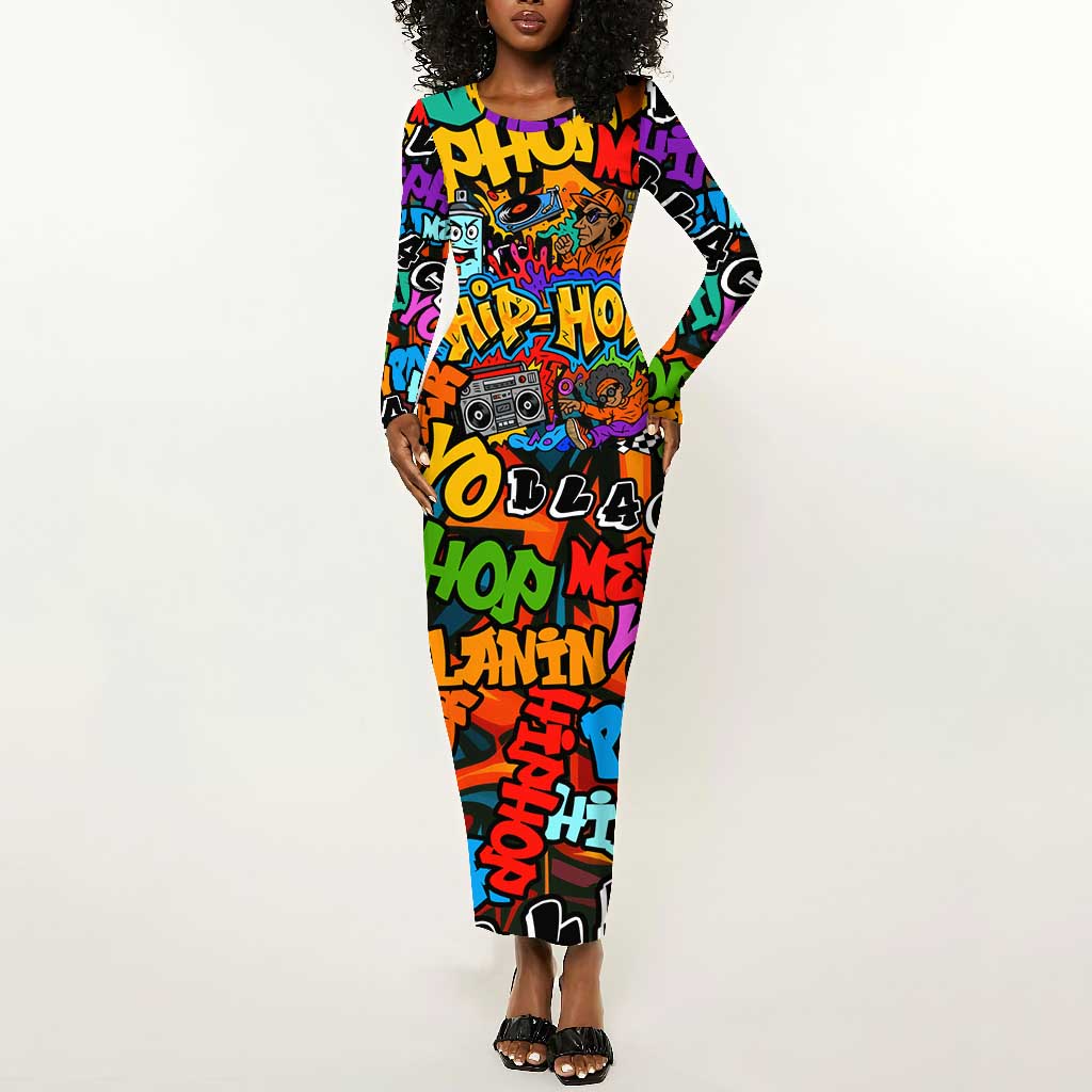 Hip Hop Graffiti African Long Sleeve Bodycon Dress Black Melanin Text and Urban Street Art - African Pride