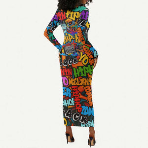 Hip Hop Graffiti African Long Sleeve Bodycon Dress Black Melanin Text and Urban Street Art - African Pride