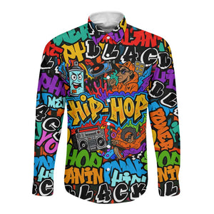 Hip Hop Graffiti African Long Sleeve Button Shirt Black Melanin Text and Urban Street Art - African Pride