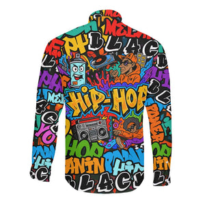 Hip Hop Graffiti African Long Sleeve Button Shirt Black Melanin Text and Urban Street Art - African Pride