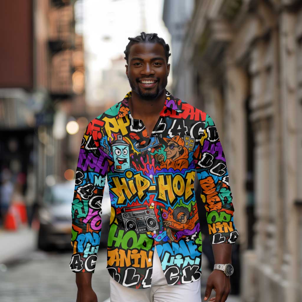 Hip Hop Graffiti African Long Sleeve Button Shirt Black Melanin Text and Urban Street Art - African Pride