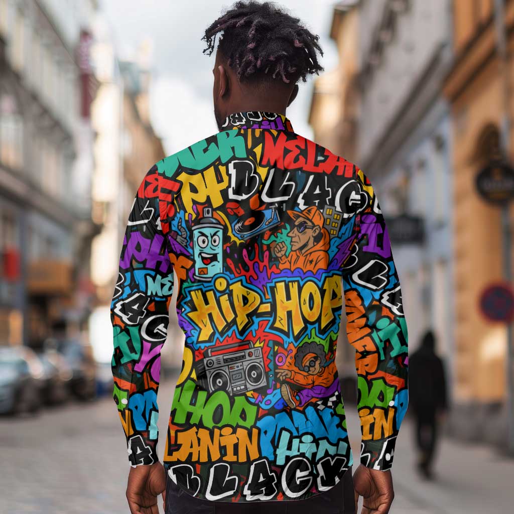 Hip Hop Graffiti African Long Sleeve Button Shirt Black Melanin Text and Urban Street Art - African Pride
