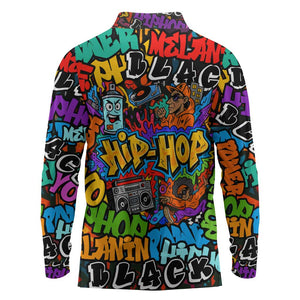 Hip Hop Graffiti African Long Sleeve Polo Shirt Black Melanin Text and Urban Street Art - African Pride