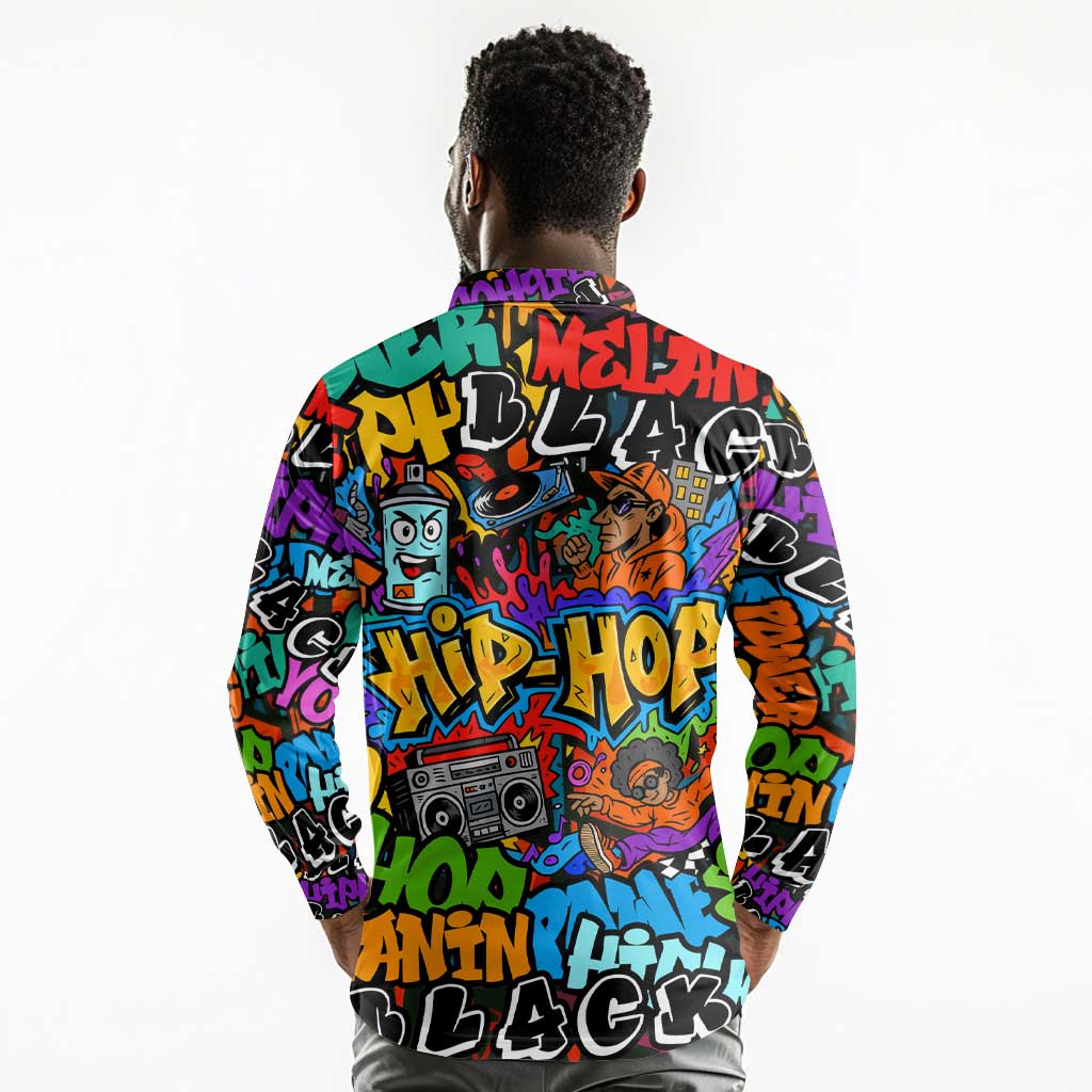 Hip Hop Graffiti African Long Sleeve Polo Shirt Black Melanin Text and Urban Street Art - African Pride