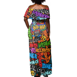 Hip Hop Graffiti African Off Shoulder Maxi Dress Black Melanin Text and Urban Street Art - African Pride